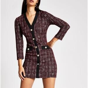 NEW River Island Bouclé Cardigan Dress Red - Check Women's Size 10